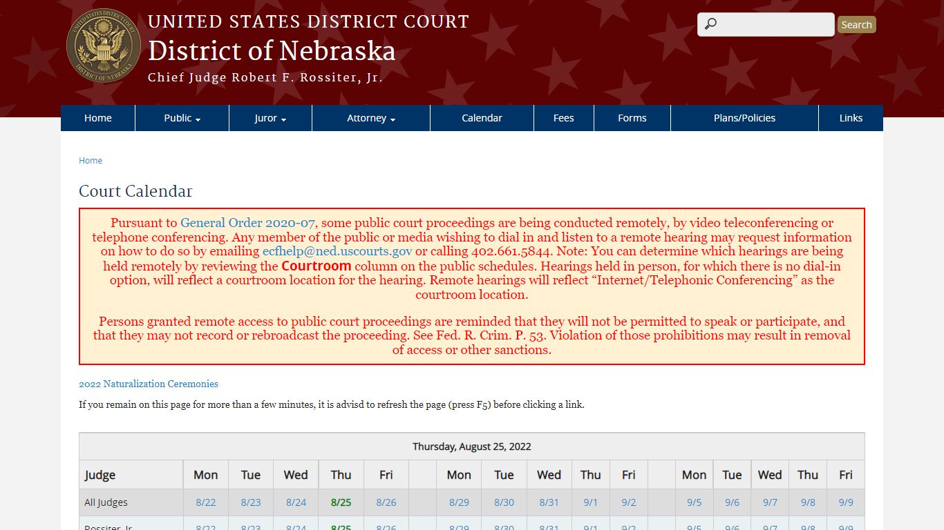Court Calendar | District of Nebraska | United States District Court
